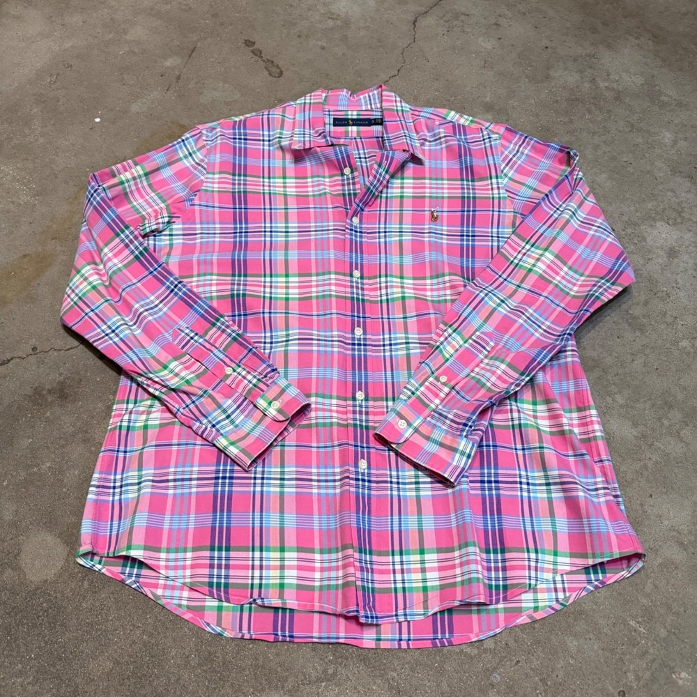 Ralph Lauren Button Down Shirt Men XL Pink Plaid Long Sleeve Flesh Pony Preppy